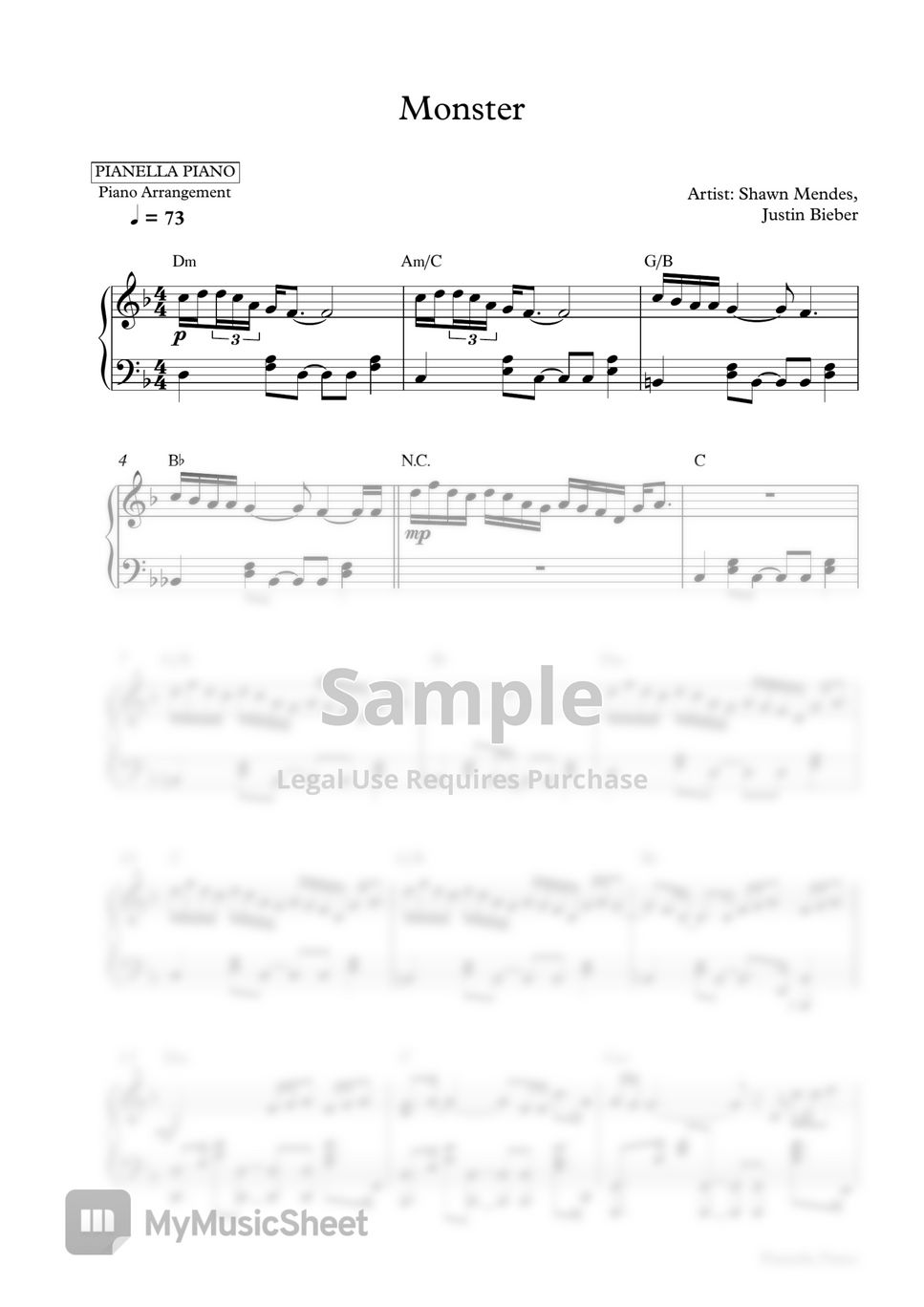 Shawn Mendes, Justin Bieber - Monster (Piano Sheet) by Pianella Piano
