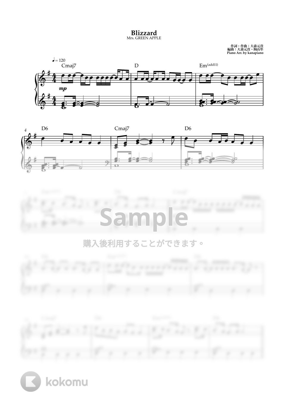 Mrs. GREEN APPLE - Blizzard(中級) (ピアノソロ/ANTENNA) by kanapiano