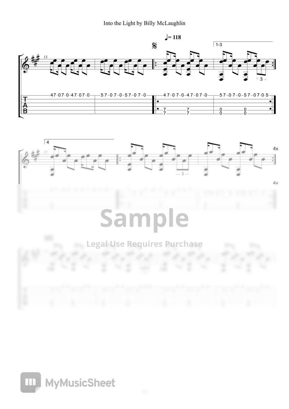 Billy McLaughlin Into the Light (TAB Sheet Music) Tab + 1staff by