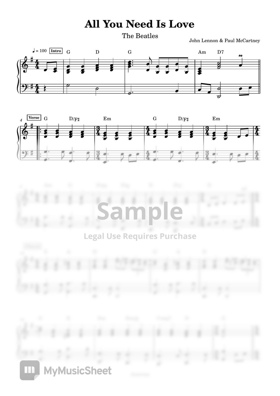 The Beatles All You Need Is Love (Piano 악보 by Anacrusa