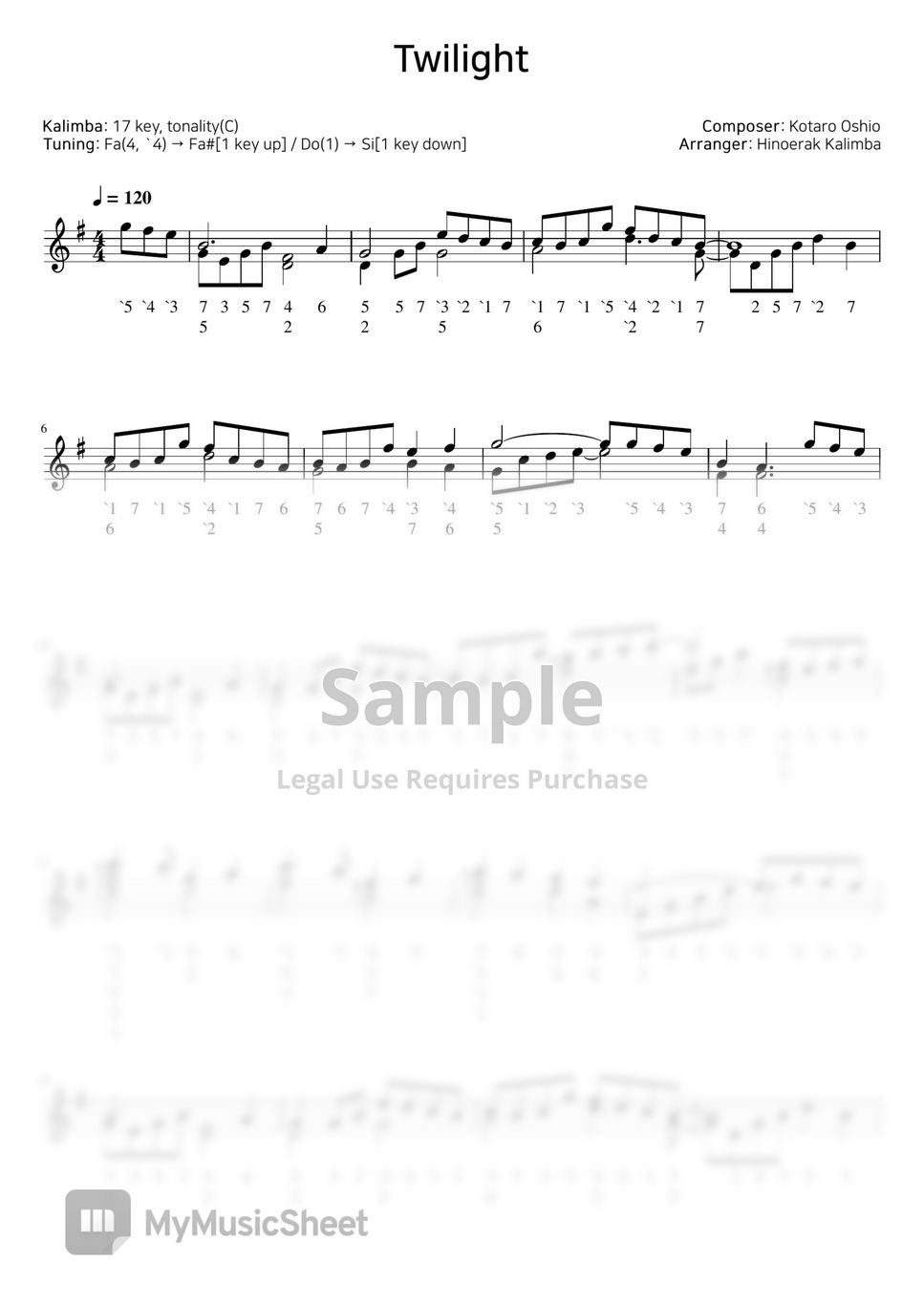 Kotaro Oshio - Twilight 악보 By Hinoerak Kalimba