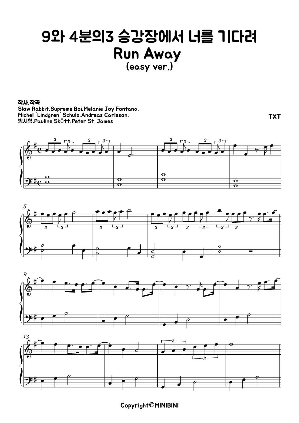 TXT Run Away (9와 4분의 3 승강장에서 너를 기다려) [Easy Version] Sheets