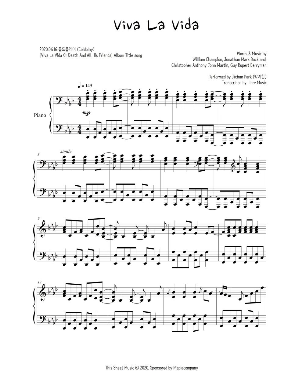 Coldplay Viva La Vida Partition musicale by JichanPark