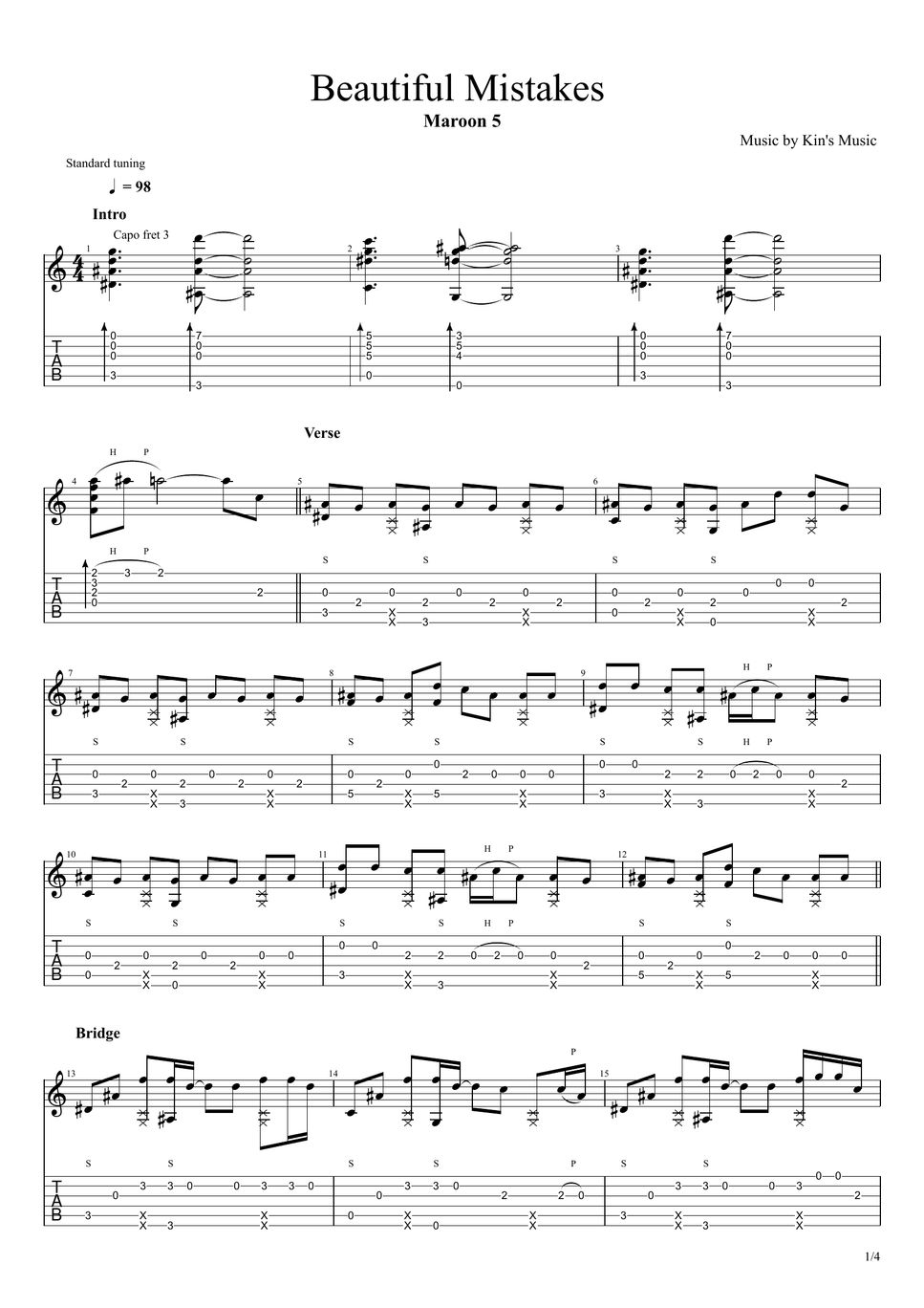 Maroon 5 Beautiful Mistakes[Easy Guitar Fingerstyle For Beginner