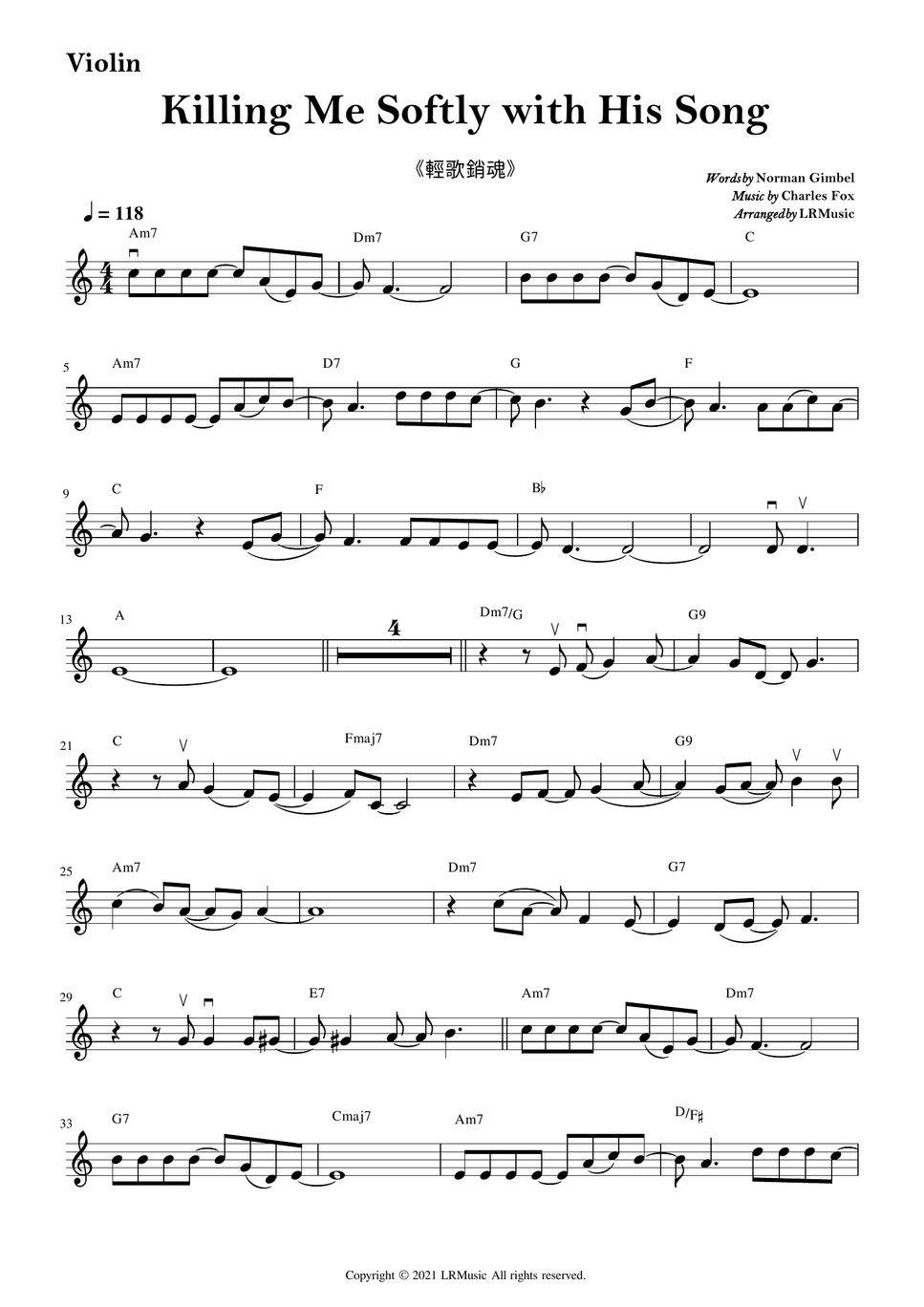 Roberta Flack Killing Me Softly with His Song｜Violin Sheet Music Notenblatt by LRMusic