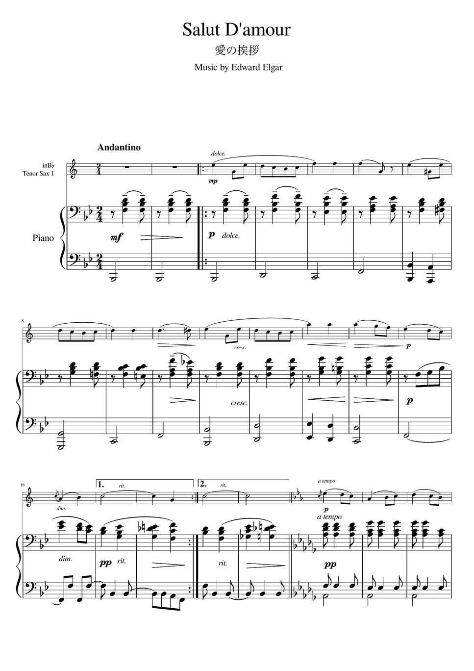 Elgar - Salut d'amour (Piano trio / Tenor Sax duet) Sheets by pfkaori