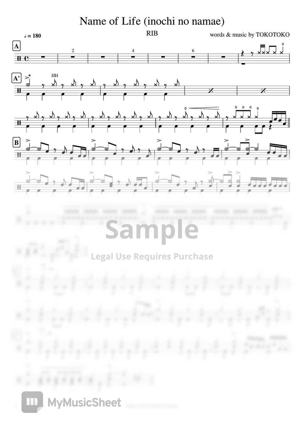 RIB (りぶ) - Name of Life (生命の名前 / inochi no namae) by Cookai's J-pop Drum sheet music!!!