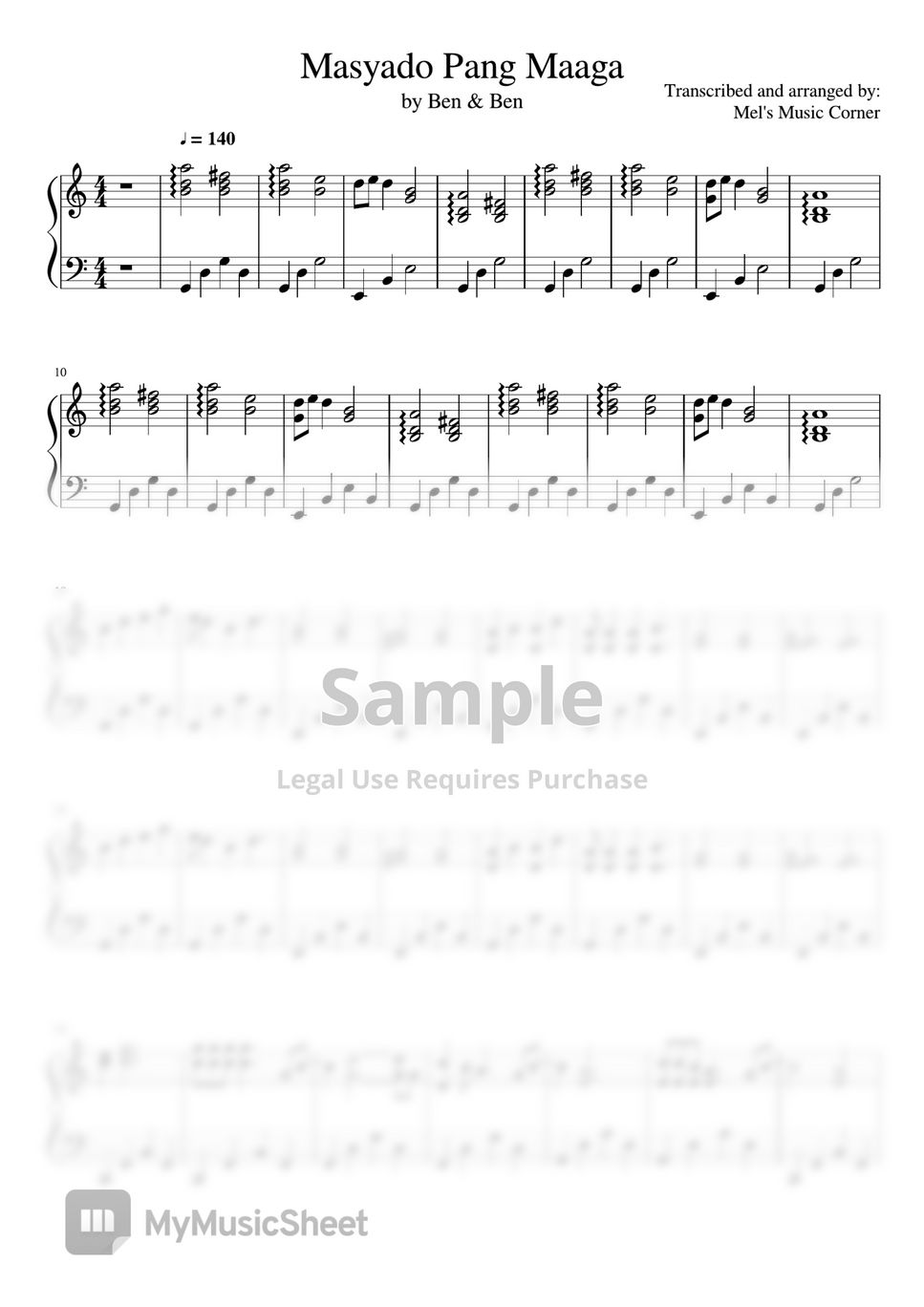 Ben&Ben Masyado Pang Maaga (piano sheet music) Sheets by Mel's Music