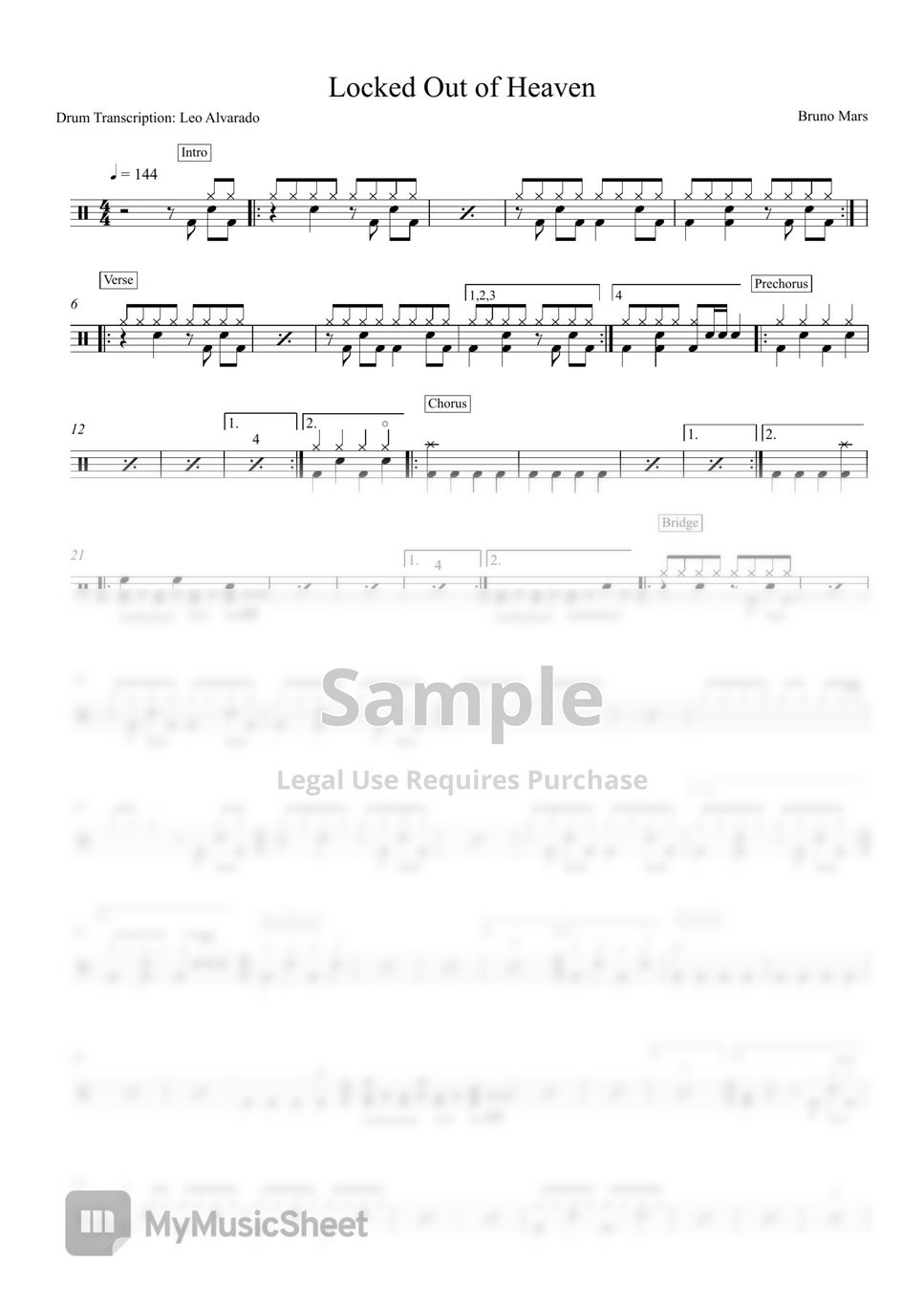 Bruno Marts - Locked Out of Heaven by Drum Transcription: Leo Alvarado