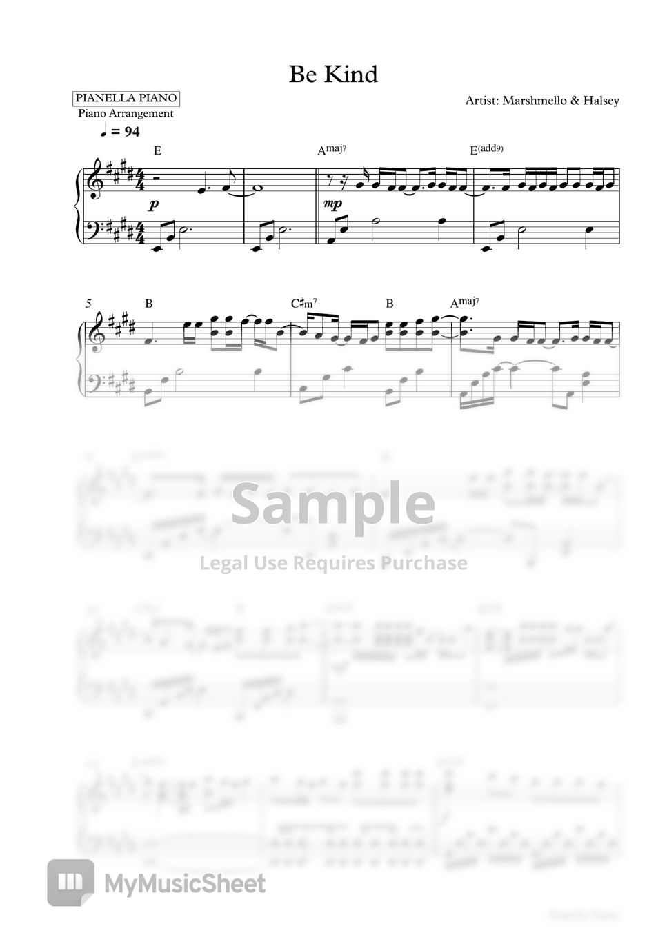Marshmello & Halsey - Be Kind (Piano Sheet) by Pianella Piano
