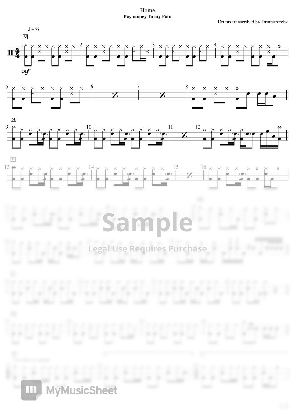Pay Money To My Pain - Home (Drum) Sheet Music by Drumscorehk