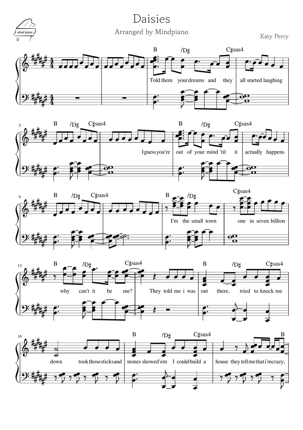 Katy Perry Daisies Sheet by Mindpiano