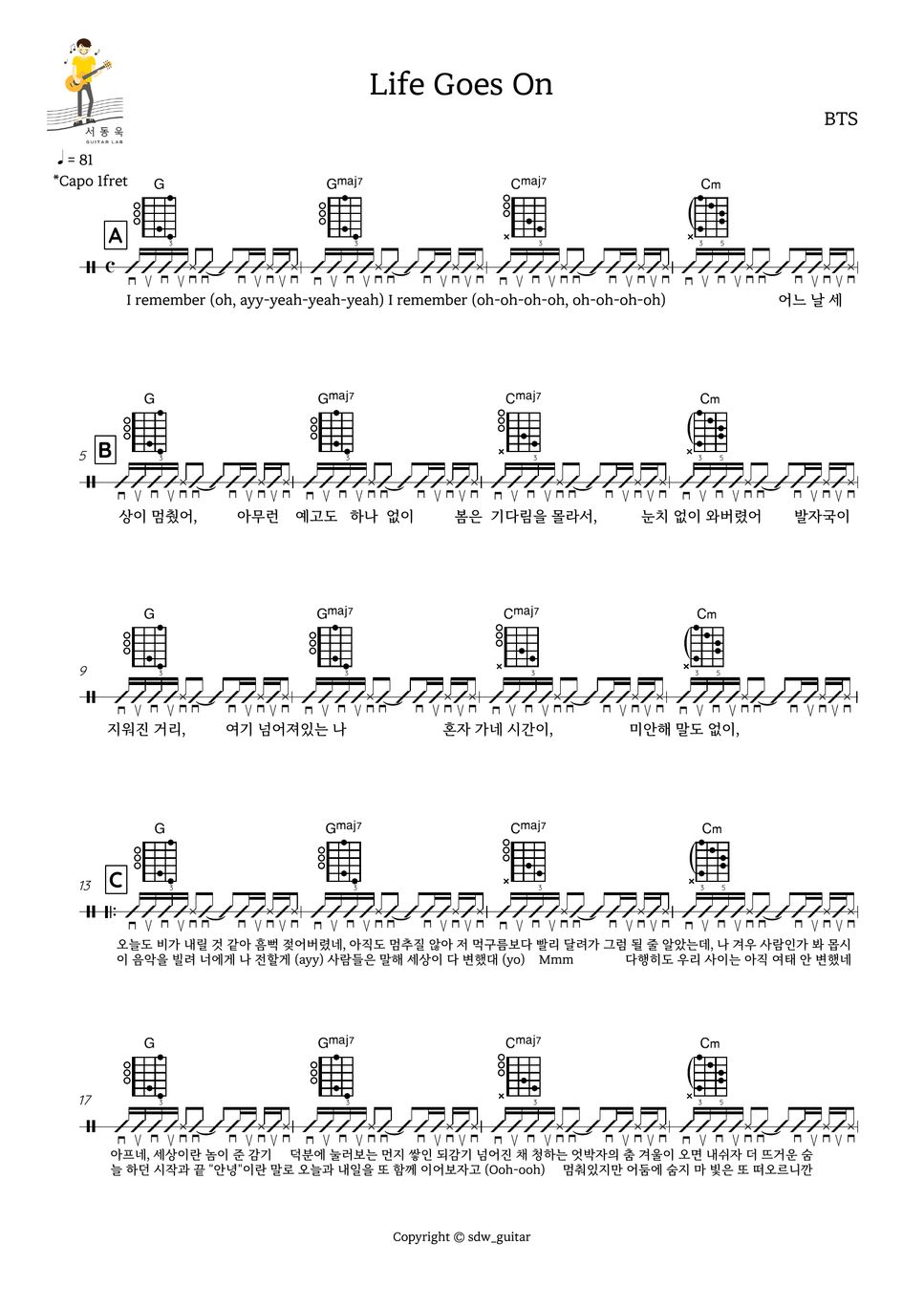 Bts Life Goes On Guitar Tab Sheet By