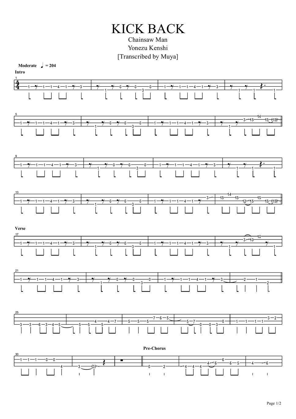 Yonezu kenshi kick back bass tab short ver sheets by muya rizal