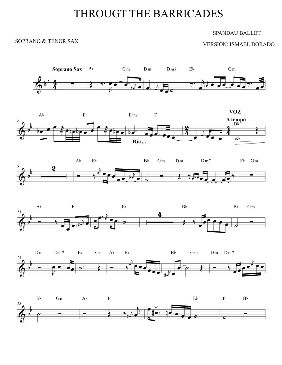 Through the Barricades - Spandau Ballet (Tenor&SopranoSax) Sheet by ...