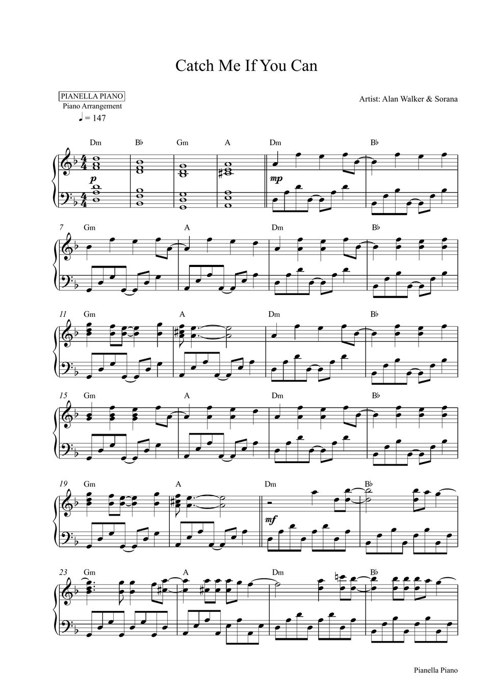 Alan Walker & Sorana Catch Me If You Can (Piano Sheet) Nuty by Pianella Piano