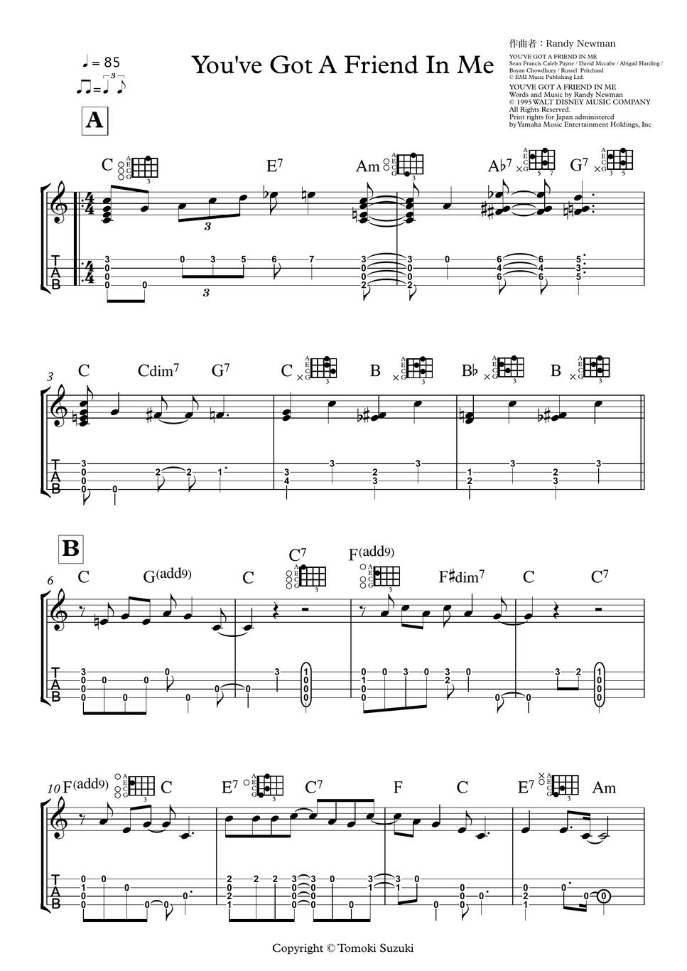 RANDY NEWMAN - YOU'VE GOT A FRIEND IN ME Sheet By Tomoki Suzuki