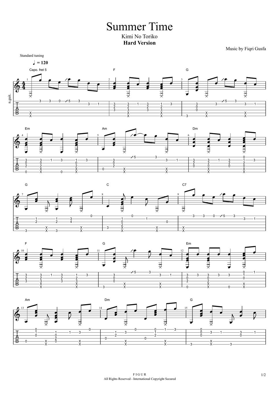 Kimi No Toriko Summer Time Tab + 1staff by Fiqri Gusfa