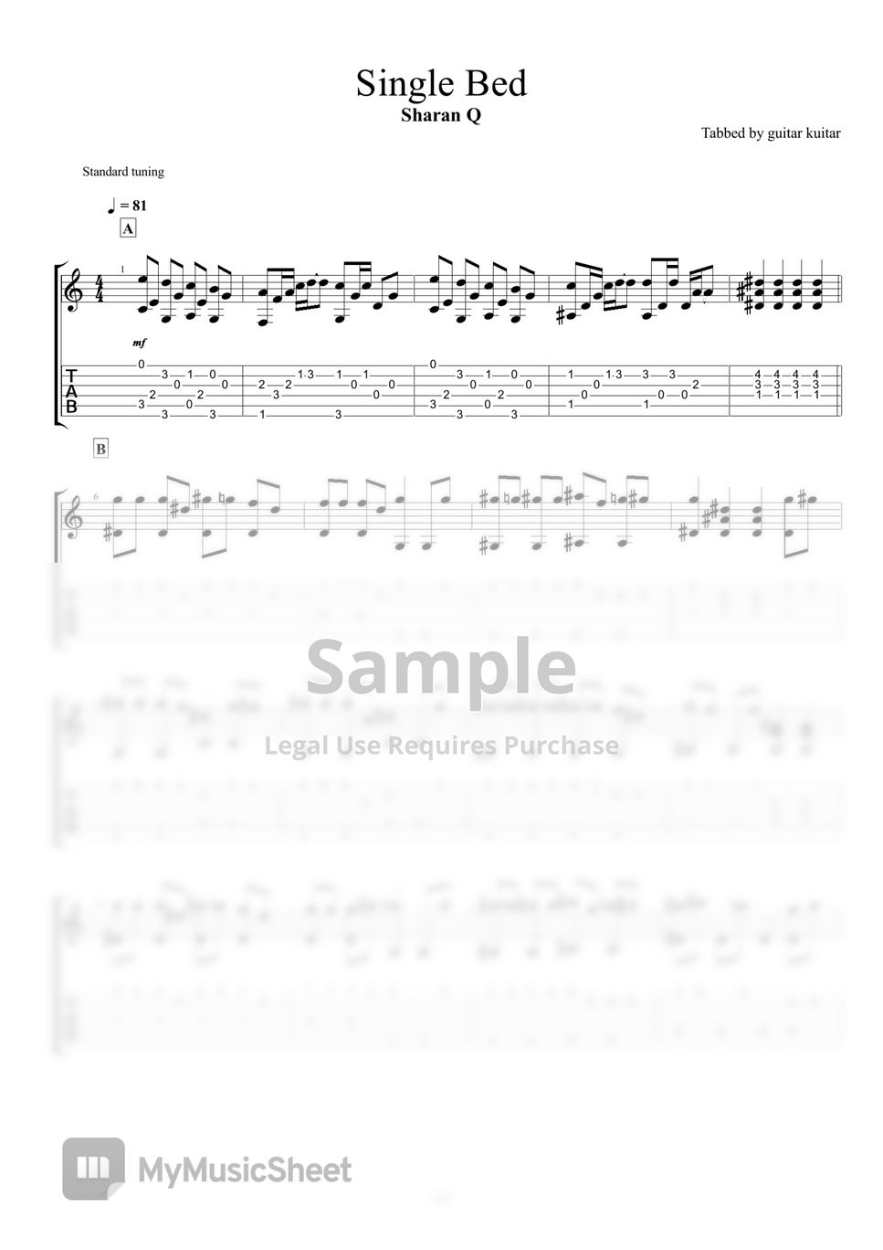 Sharan Q - Single Bed (Guitar TAB) Tab + 1staff by guitar kuitar