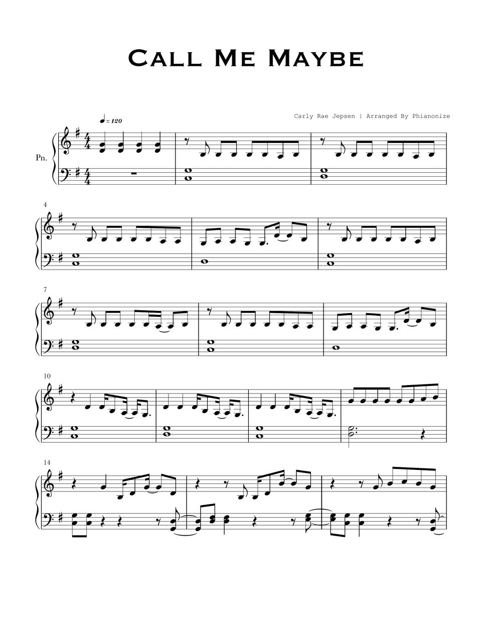 Carly Rae Jepsen Call Me Maybe Easy Version Sheets By Phianonize