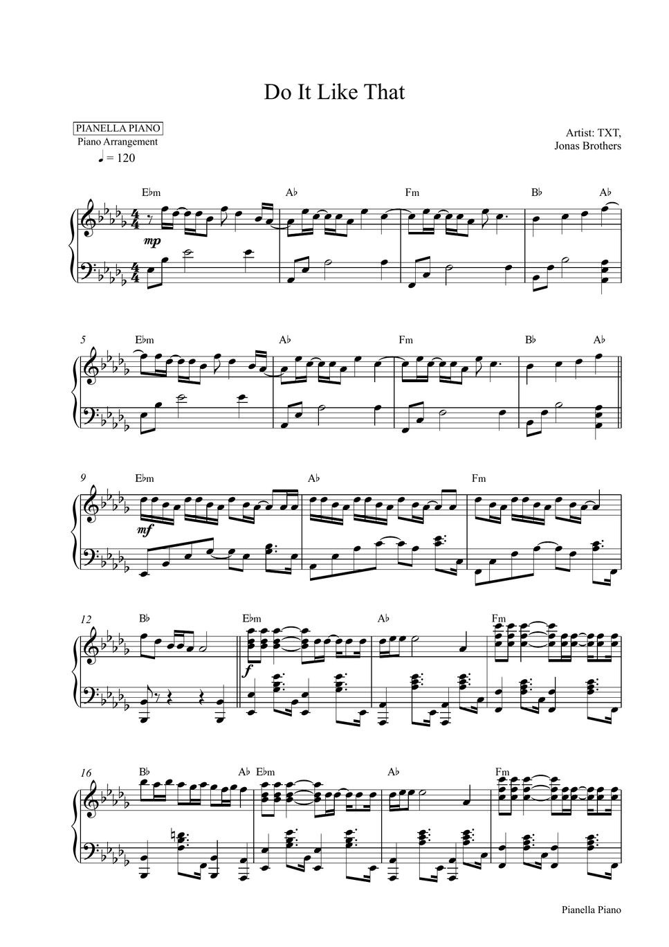 TXT, Jonas Brothers Do It Like That (PIANO SHEET) Sheets by Pianella