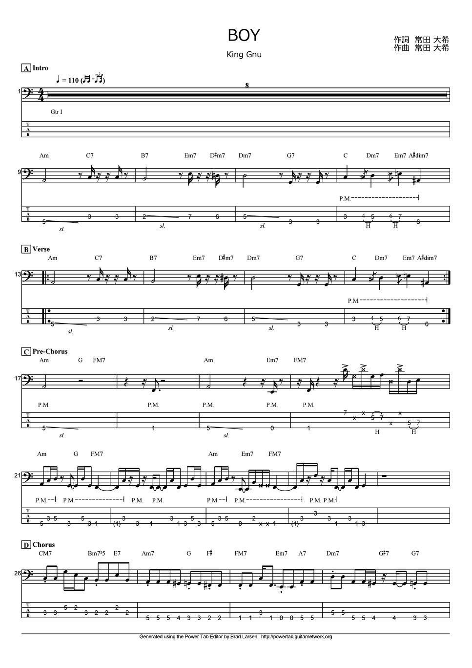 King Gnu BOY (ベース Tab譜 4弦 / 王様ランキング) タブ + 五線譜 by T's bass score