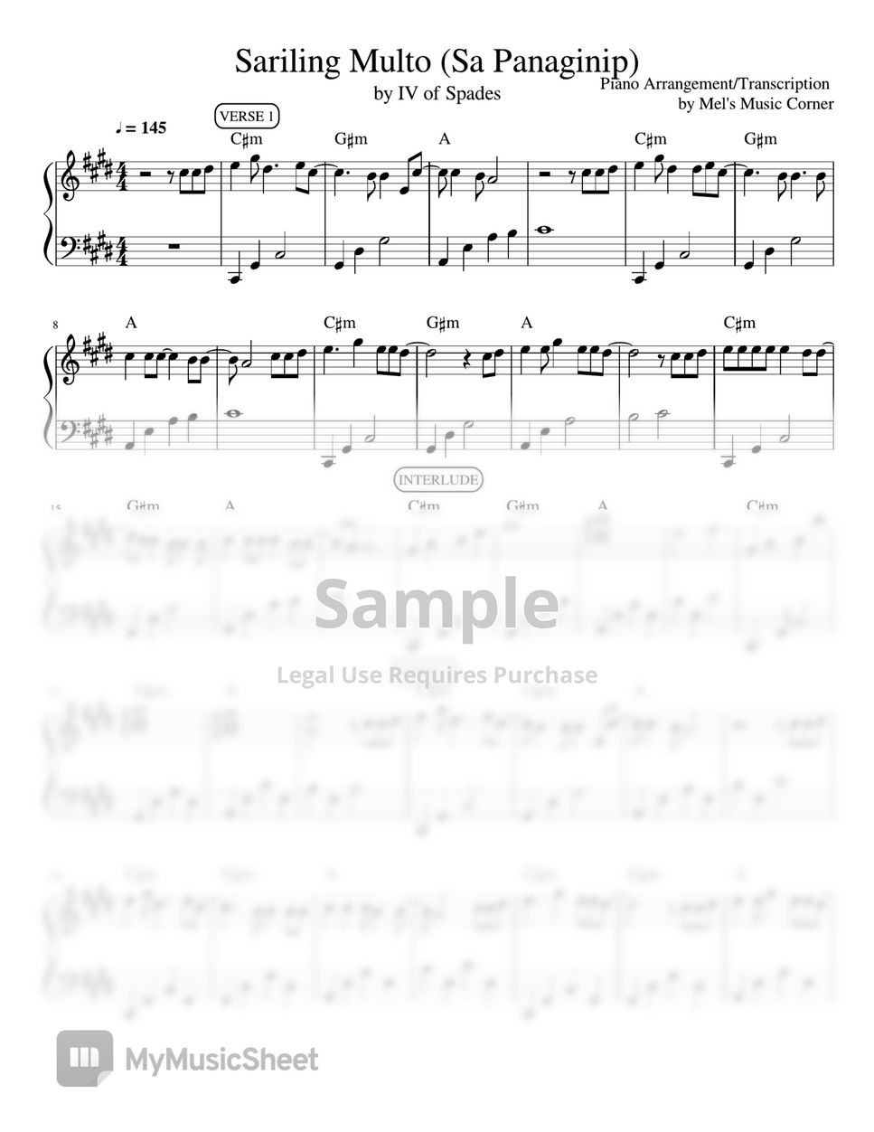 IV of Spades - Sariling Multo (Sa Panaginip) piano sheet music by Mel's Music Corner
