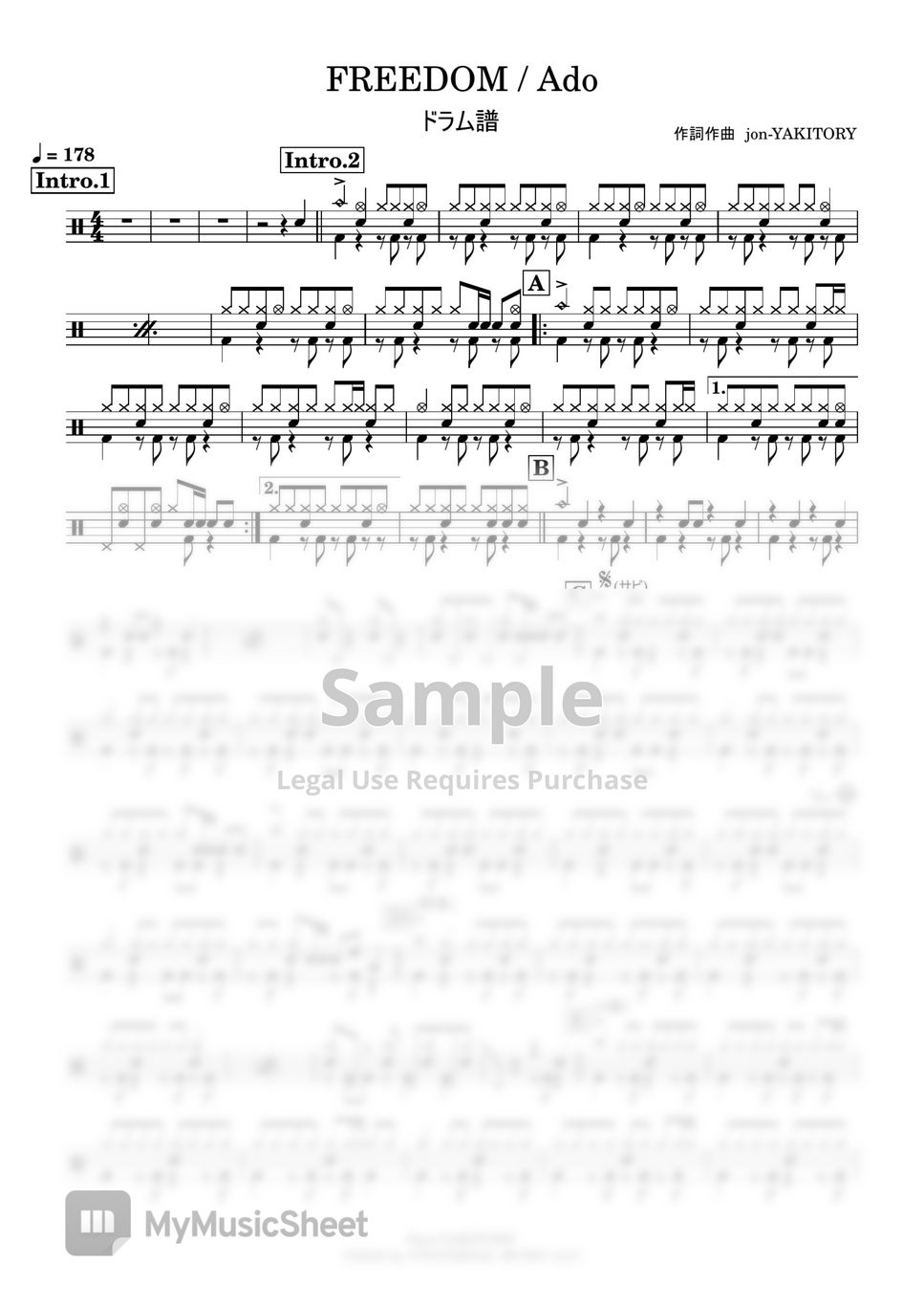 Ado - FREEDOM (Drums Score + MIDI) by Kensaku Suzuki