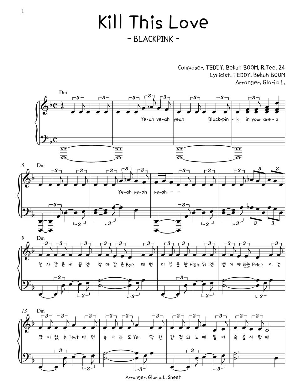Blackpink kill this love piano sheet by gloria l sheet