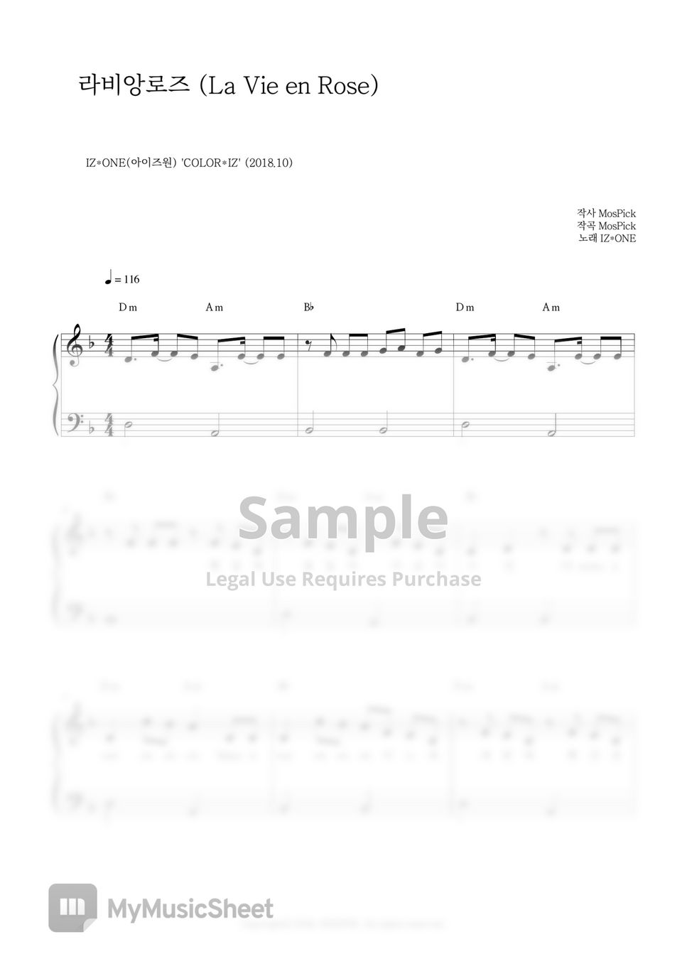 Iz one la vie en rose easy piano sheet music 