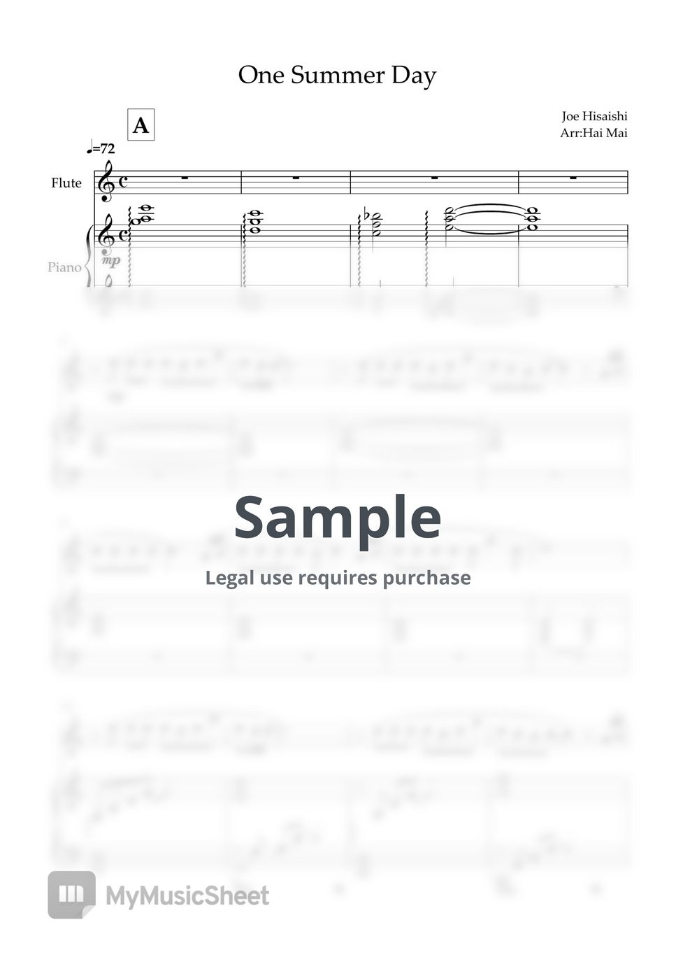 Joe Hisaishi - One summer's day for Flute solo and Piano accompaniment by Hai Mai