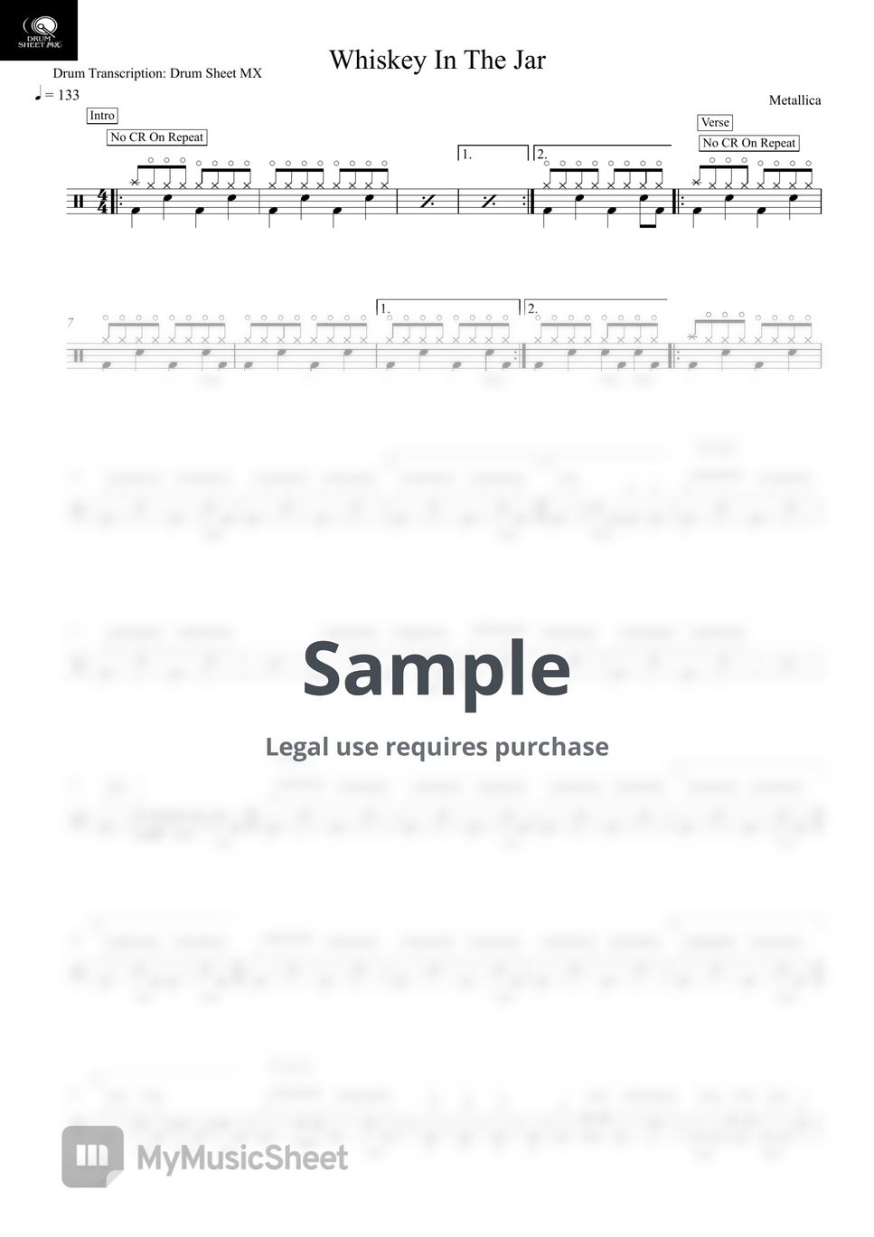 Metallica - Whiskey In The Jar by Drum Transcription: Drum Sheet MX