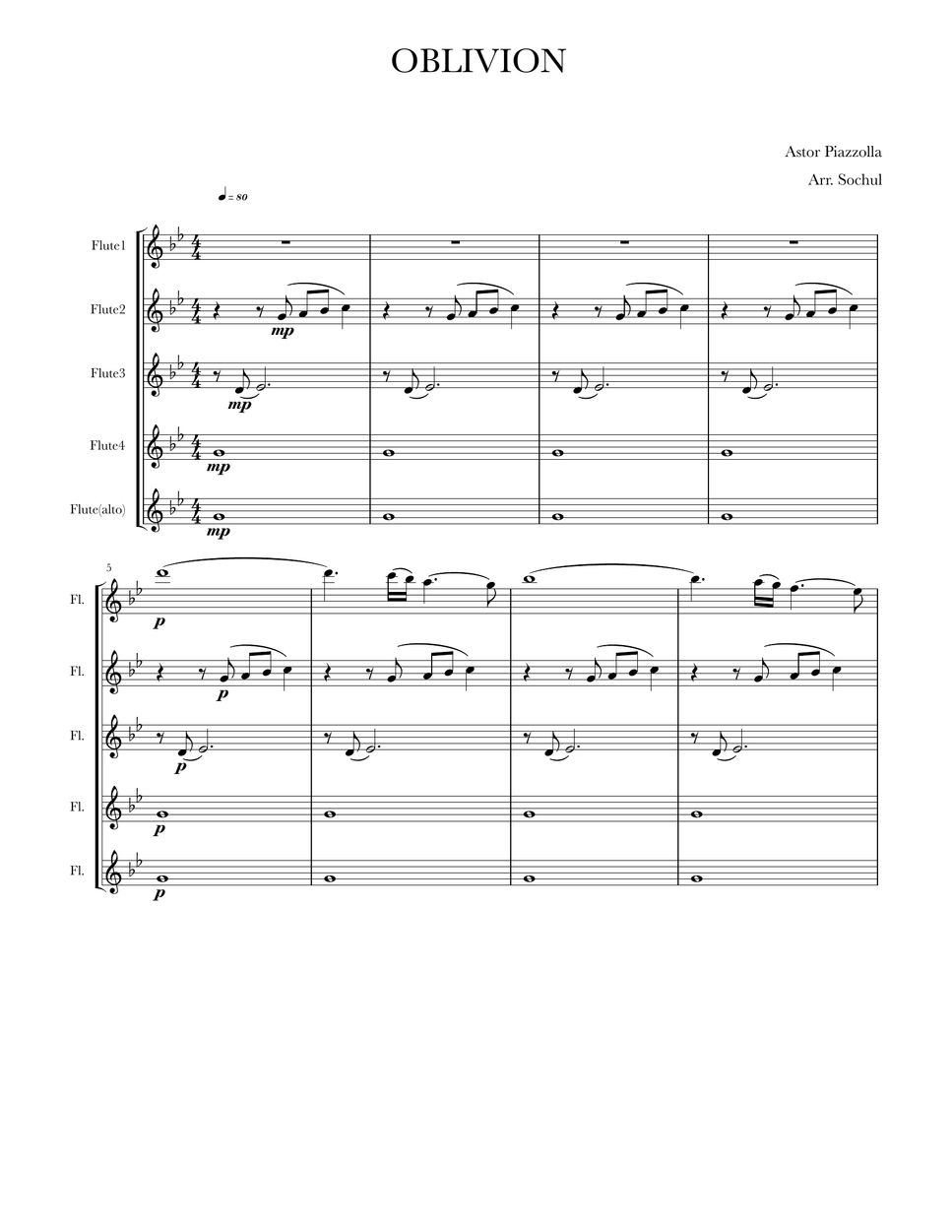 피아졸라 Astor Piazzolla 망각 4중주 Oblivion (Flute ensemble) 악보 by Sochul