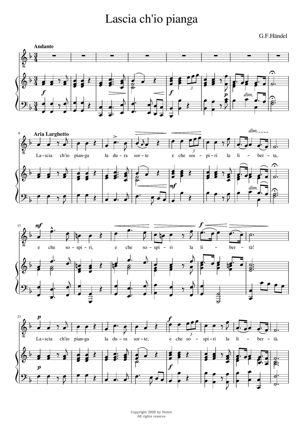 G.F.Händel Lascia ch'io pianga (Fmaj) Sheet by noten(노튼)