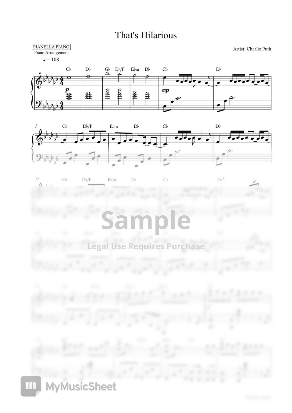Charlie Puth - That's Hilarious (2 PDF: Original Key Gb Major & Easier Key G Major) by Pianella Piano