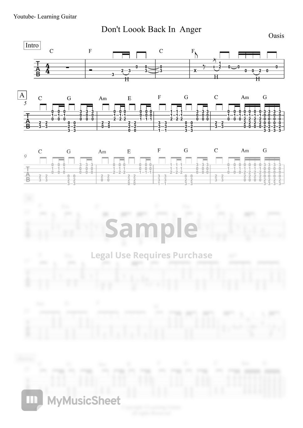 Oasis - Don't Look Back In Anger Full song  guitar (TAB) by Learning Guitar