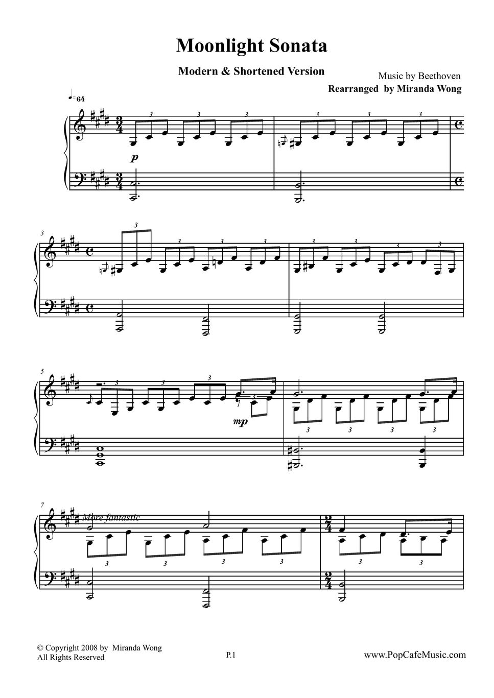 Beethoven Moonlight Sonata Easy Piano Sheet by Miranda Wong