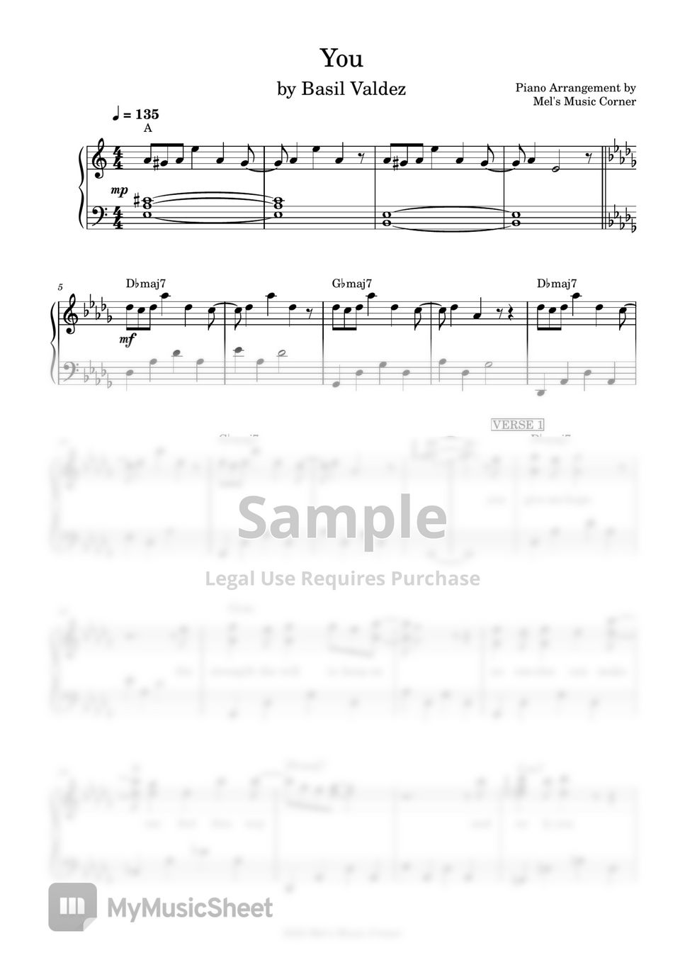 Basil Valdez You piano sheet music Sheets by Mel s Music Corner