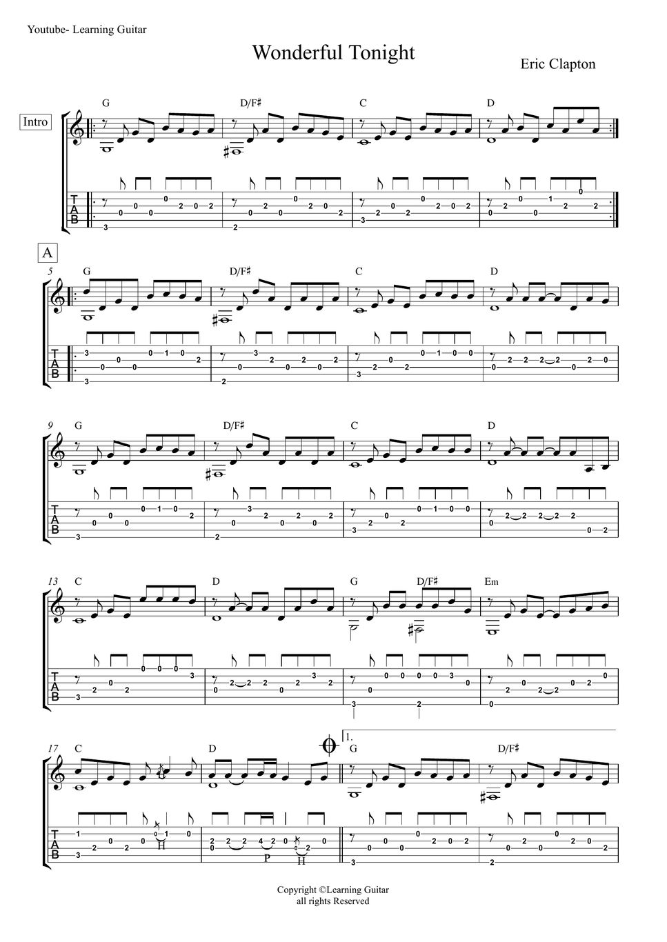 Wonderful Tonight Sheet Music | Eric Clapton | Guitar Chords/Lyrics