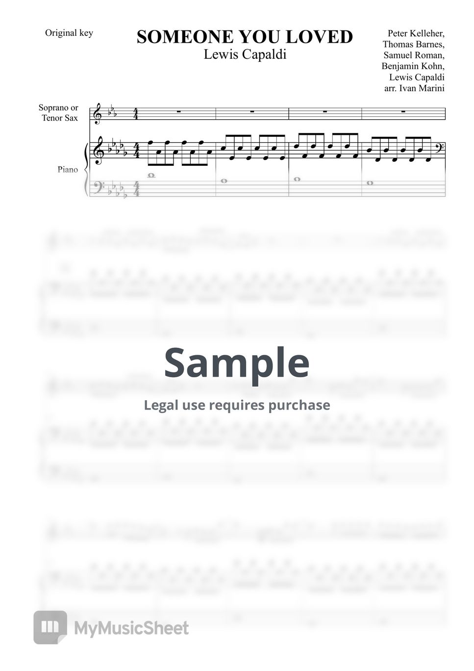 Lewis Capaldi SOMEONE YOU LOVED (for Tenor Sax and Piano) Sheets by