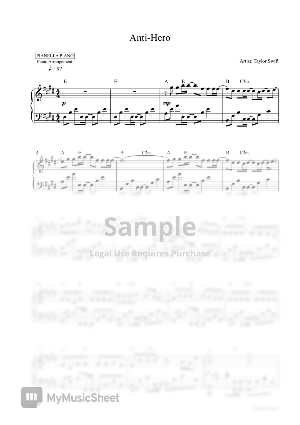 Taylor Swift - Anti-Hero (Piano Sheet) Sheets by Pianella Piano