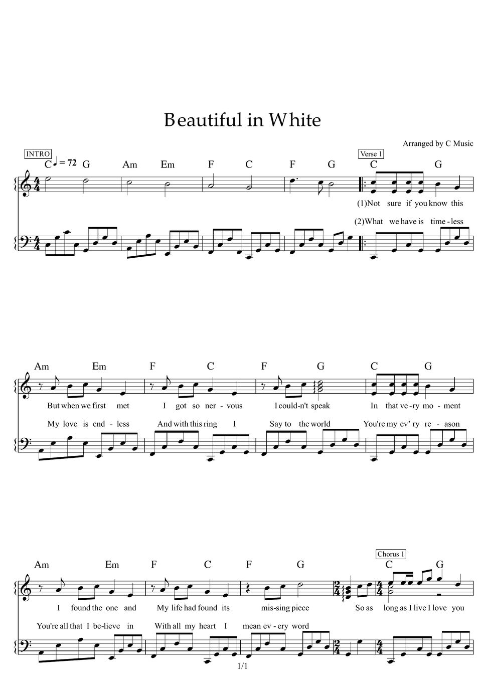 Beautiful In White 楽譜Beautiful In White 楽譜  