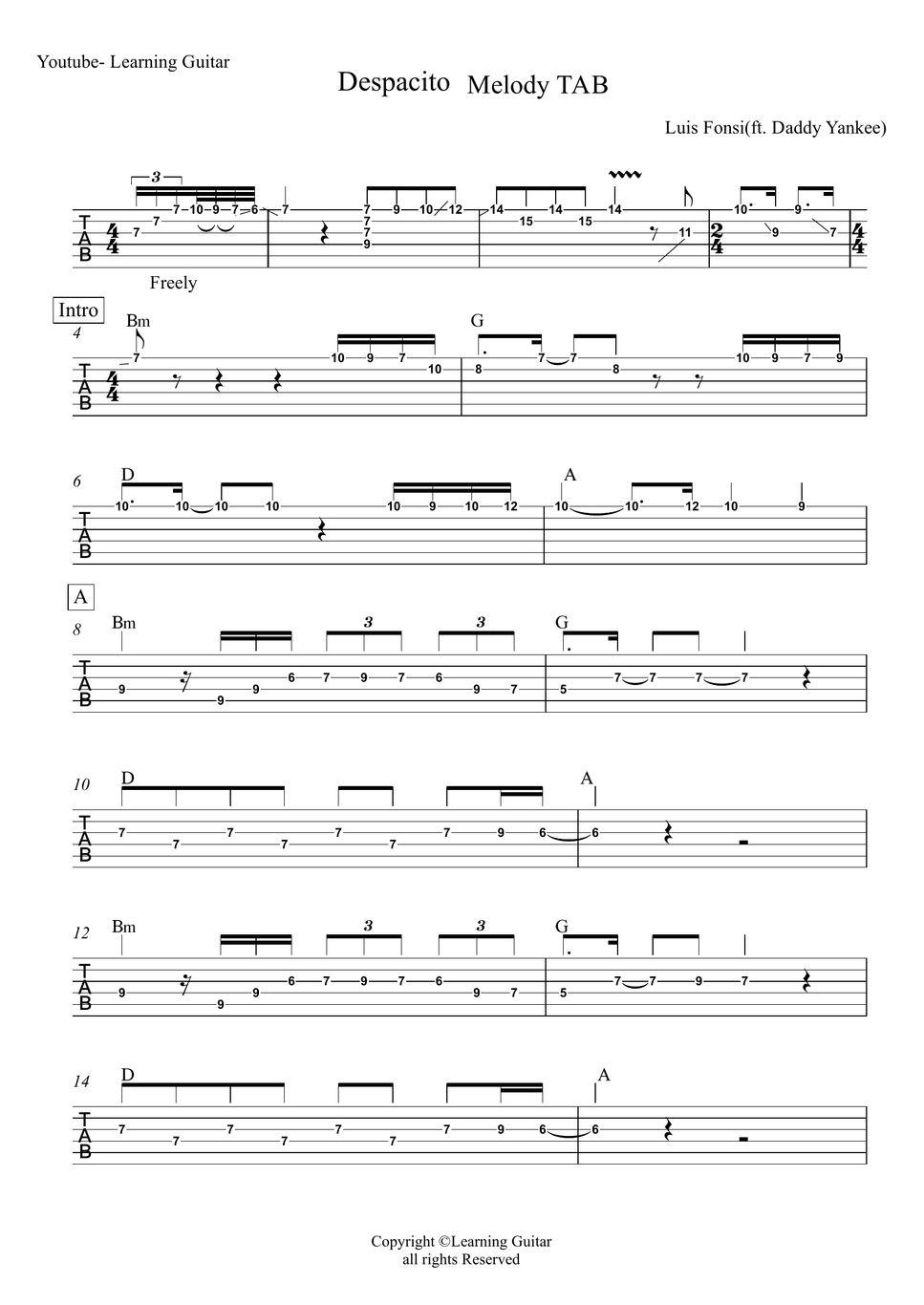 Luis Fonsi Despacito (Melody TAB) Sheets by Learning Guitar