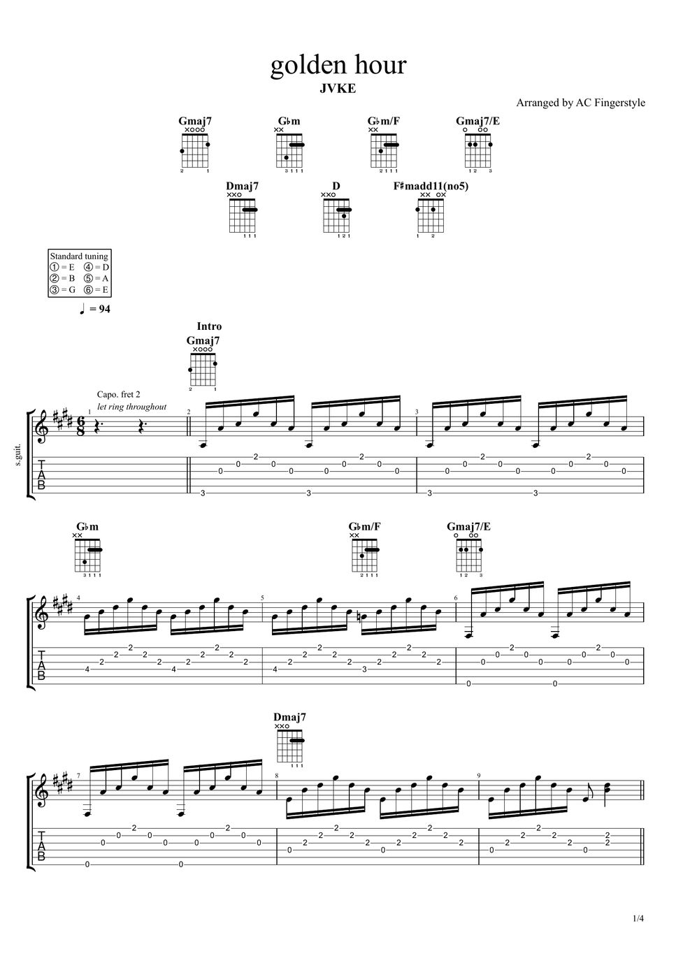 JVKE golden hour (short cover) Tab + 1staff by AC Fingerstyle