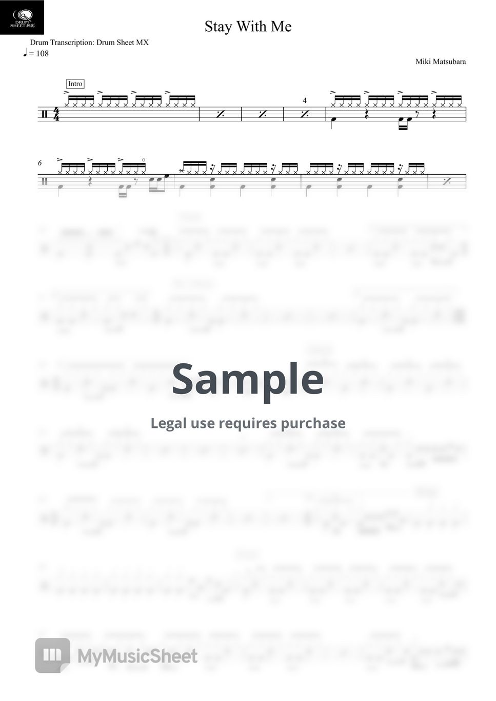 Miki Matsubara - Stay With Me Sheets by Drum Transcription: Drum Sheet MX