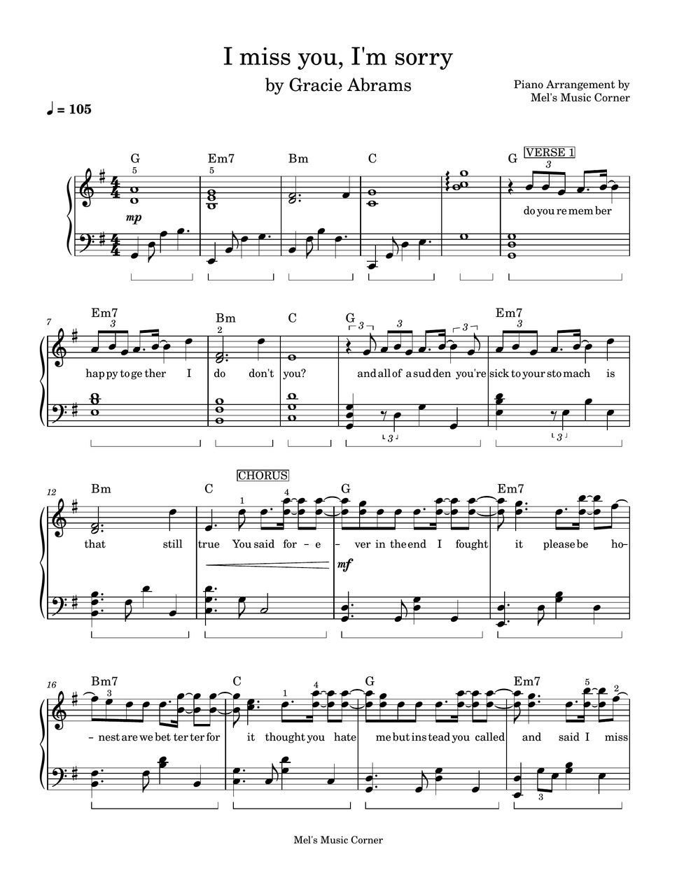 Gracie Abrams - I Miss you, I'm Sorry (piano sheet music) by Mel's Music Corner