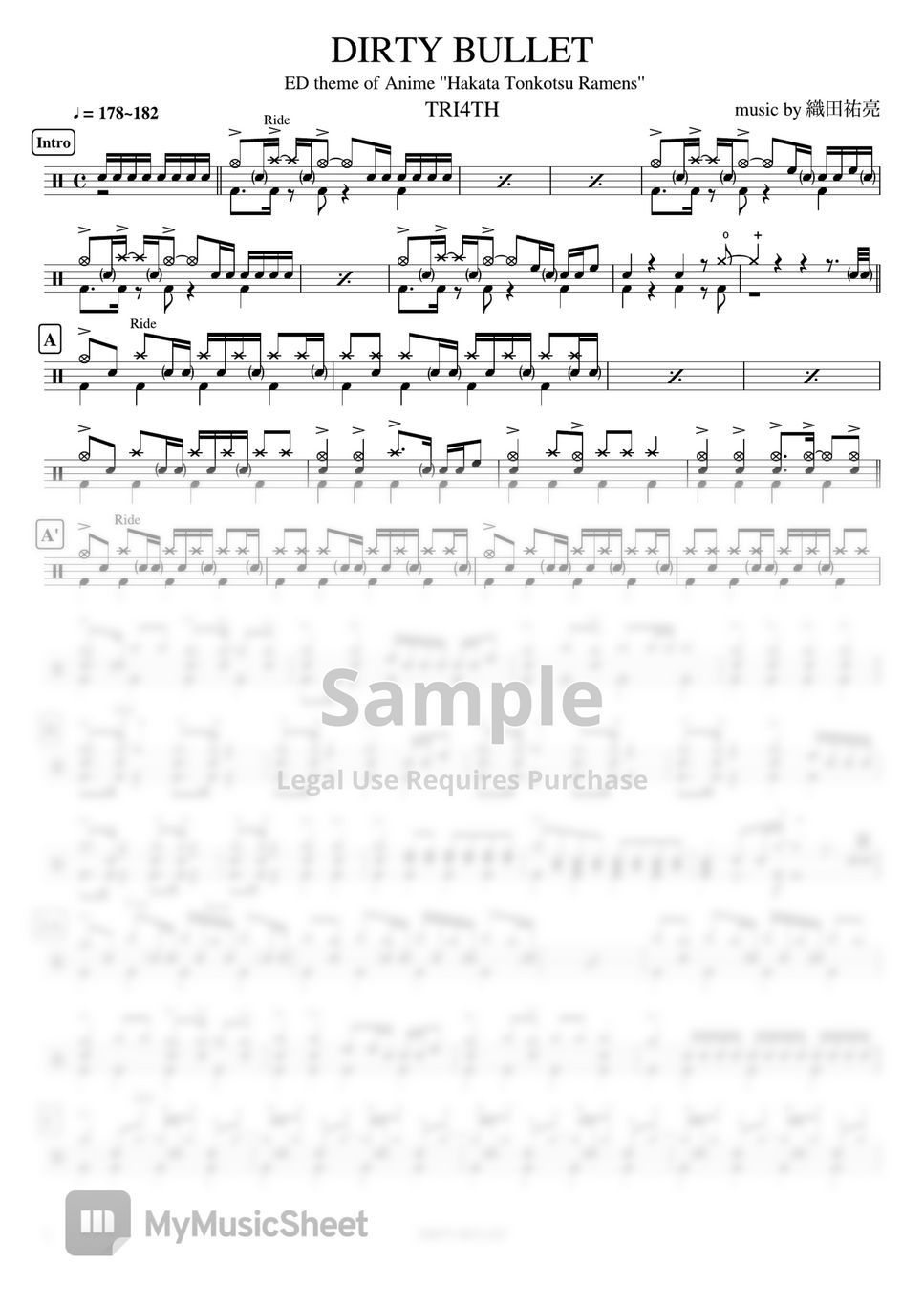 TRI4TH - DIRTY BULLET ( ED theme of Anime ''Hakata Tonkotsu Ramens'') 楽譜 by  Cookai's J-pop Drum sheet music!!!