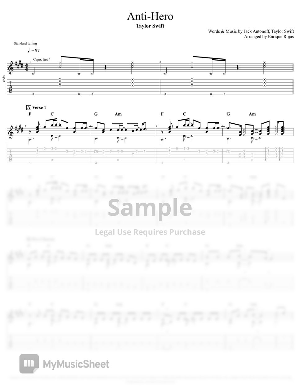 My Hero sheet music for guitar solo (easy tablature) (PDF)