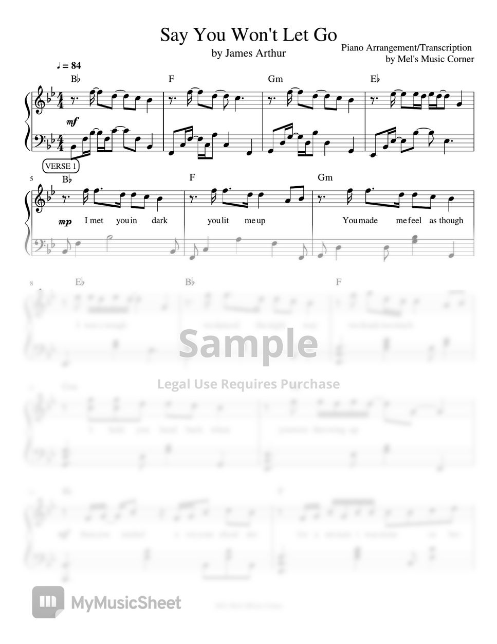 James Arthur - Say You Won't Let Go (piano sheet music) by Mel's Music Corner