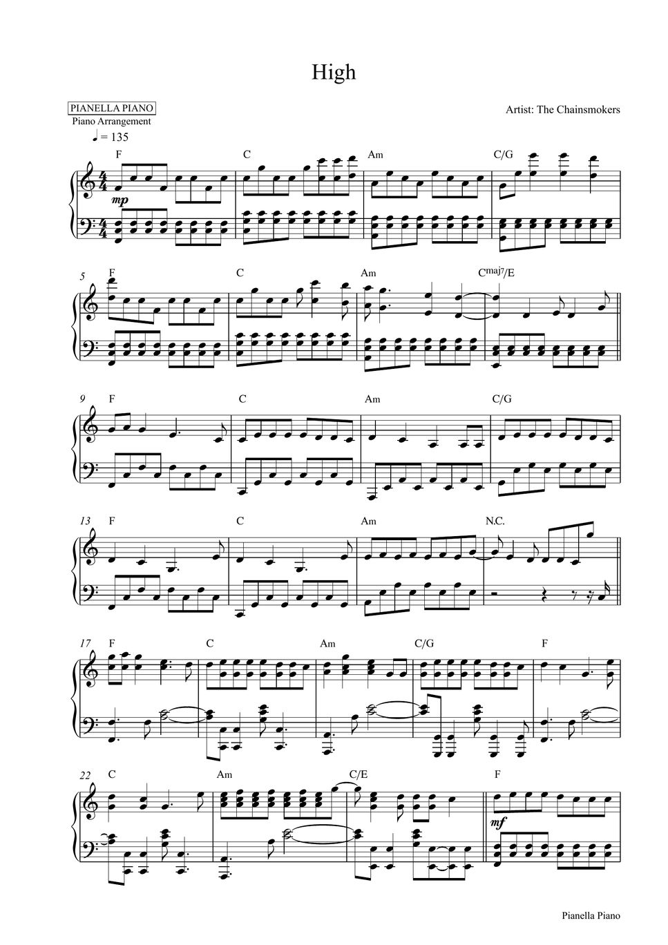 The Chainsmokers High (Piano Sheet) แผ่น by Pianella Piano